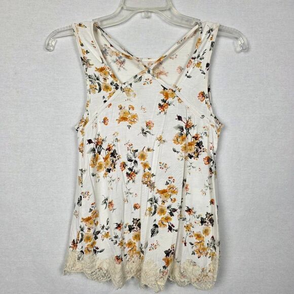 Rewind S Floral Lace Hem Tank Top Ivory Yellow Flowers - Picture 5 of 7